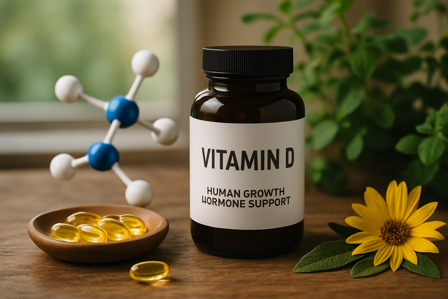 Vitamin D Kapseln mit Sonnenlicht im Hintergrund symbolisieren die Verbindung zwischen dem Sonnenvitamin und Wachstumshormonen